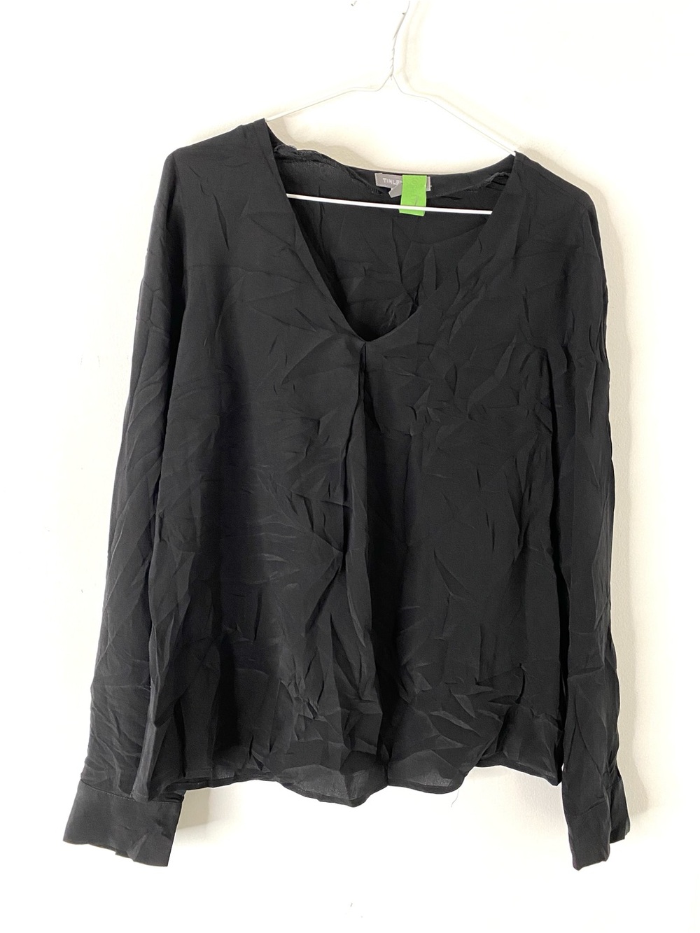 Tinley Road Black Silk V Neck Blouse Pleated Detail